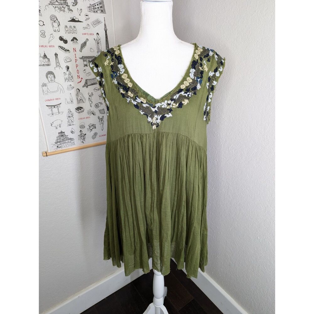 Free People Green Mini 2 Pc Tunic Dress W/ Slip Size S Fairycore Witchy Boho - Picture 2 of 8